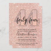 Rose Gold Glitzer 44. Geburtstag Einladung (Vorne/Hinten)