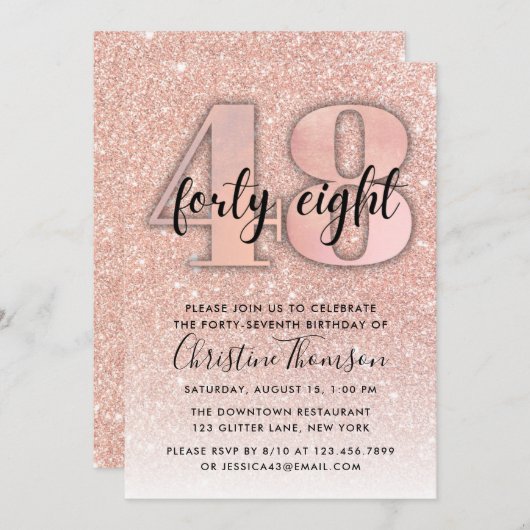 Rose Gold Glitzer 48. Geburtstag Einladung (Vorne/Hinten)