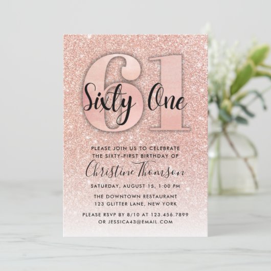 Rose Gold Glitzer 61. Geburtstag Einladung (Stehend Vorderseite)
