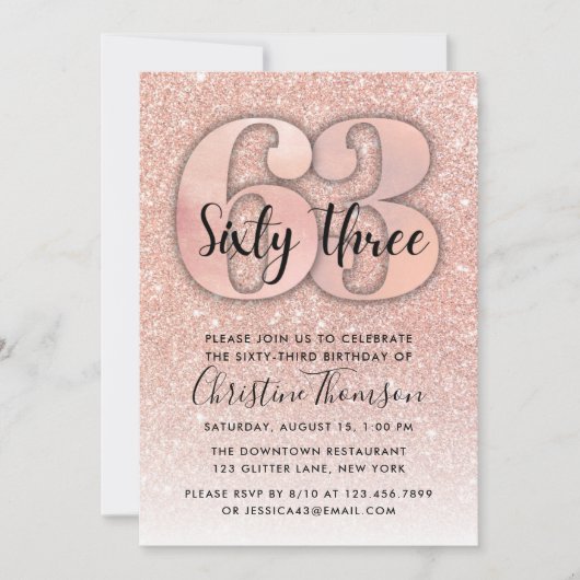 Rose Gold Glitzer 63. Geburtstag Einladung (Vorderseite)