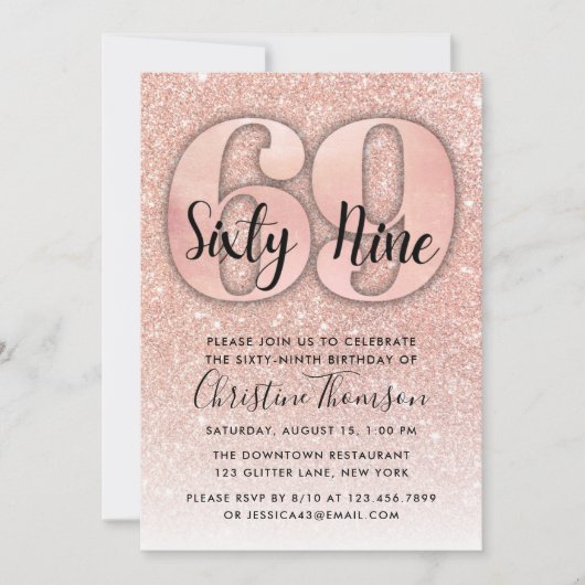 Rose Gold Glitzer 69. Geburtstag Einladung (Vorderseite)