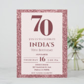 Rose Gold Glitzer 70. Geburtstag Einladung (Stehend Vorderseite)