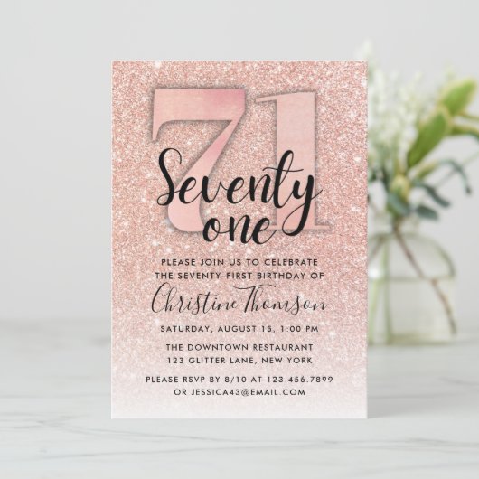 Rose Gold Glitzer 71. Geburtstag Einladung (Stehend Vorderseite)