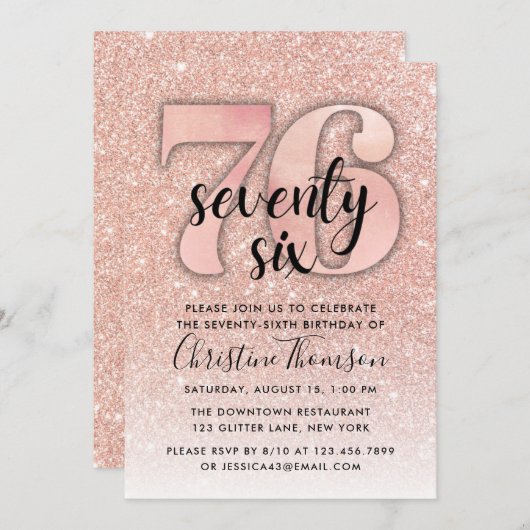 Rose Gold Glitzer 76. Geburtstag Einladung (Vorne/Hinten)