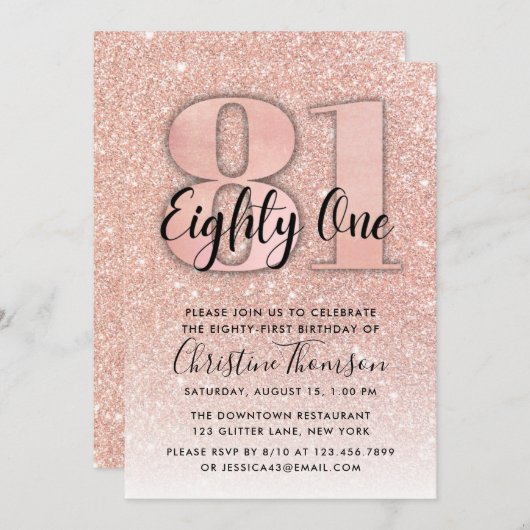 Rose Gold Glitzer 81. Geburtstag Einladung (Vorne/Hinten)