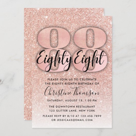 Rose Gold Glitzer 88. Geburtstag Einladung (Vorne/Hinten)