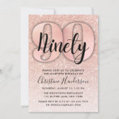 Rose Gold Glitzer 90. Geburtstag Einladung (Vorderseite)