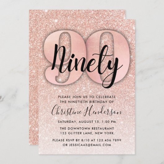 Rose Gold Glitzer 90. Geburtstag Einladung (Vorne/Hinten)