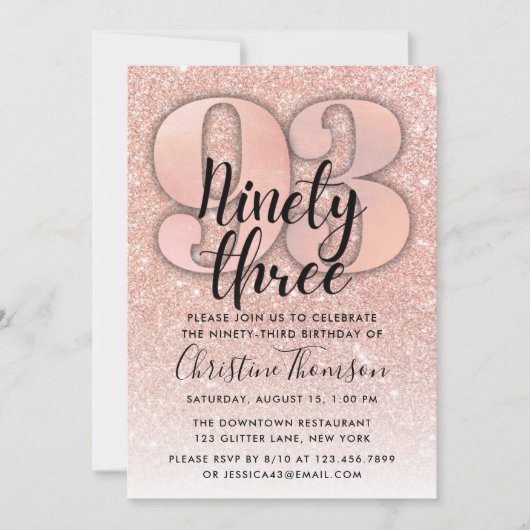 Rose Gold Glitzer 93. Geburtstag Einladung (Vorderseite)