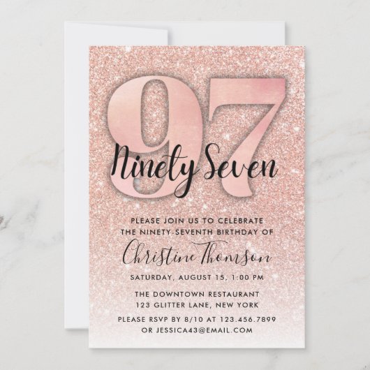 Rose Gold Glitzer 97. Geburtstag Einladung (Vorderseite)