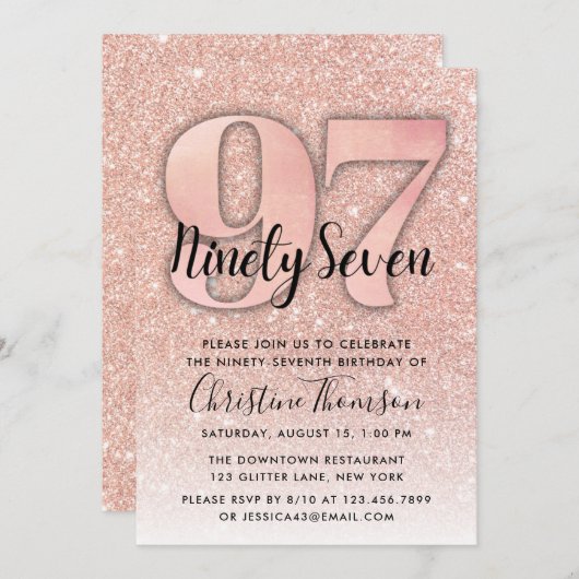 Rose Gold Glitzer 97. Geburtstag Einladung (Vorne/Hinten)