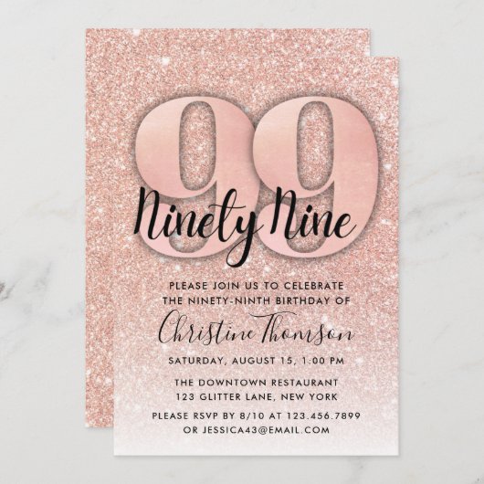Rose Gold Glitzer 99. Geburtstag Einladung (Vorne/Hinten)