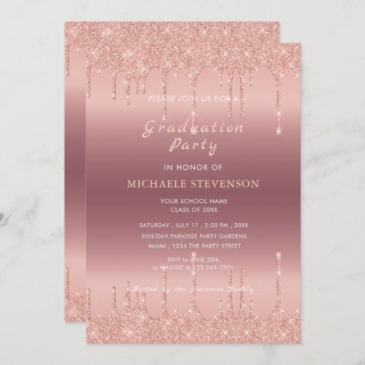 Rose Gold Glitzer Abschluss Einladung Vorlage (Vorne/Hinten)