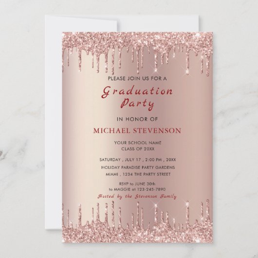 Rose Gold Glitzer Abschluss Einladung Vorlage (Vorderseite)