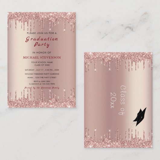 Rose Gold Glitzer Abschluss Einladung Vorlage (Vorne/Hinten)