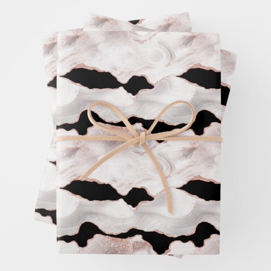 Rose Gold Glitzer Agate Schwarz-weiß Swirl Geschenkpapier Set (Beispiel)