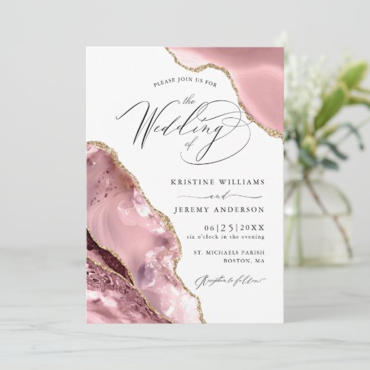 Rose Gold Glitzer Agate Script Luxury Wedding Einladung (Stehend Vorderseite)