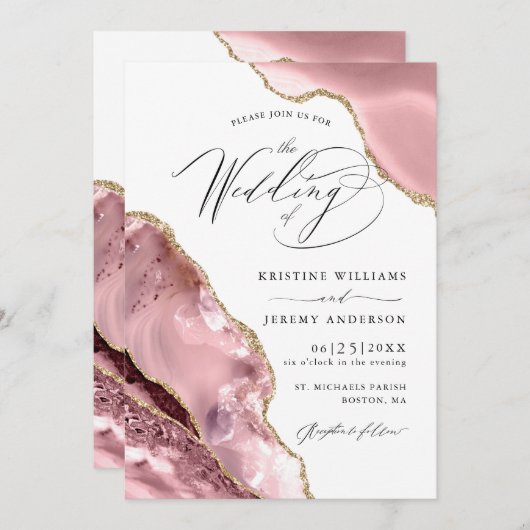 Rose Gold Glitzer Agate Script Luxury Wedding Einladung (Vorne/Hinten)