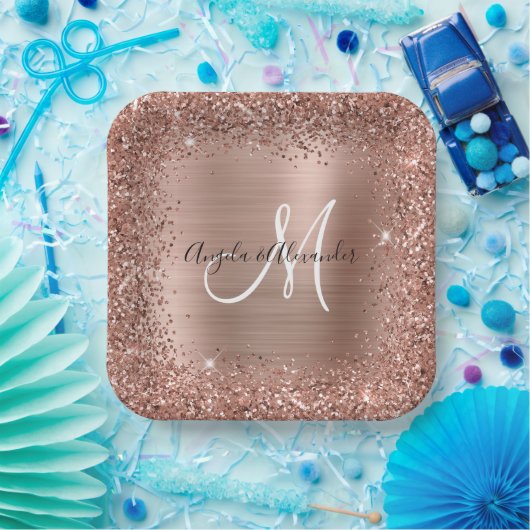 Rose Gold Glitzer and Foil Wedding Mit Monogramm Pappteller (Party)