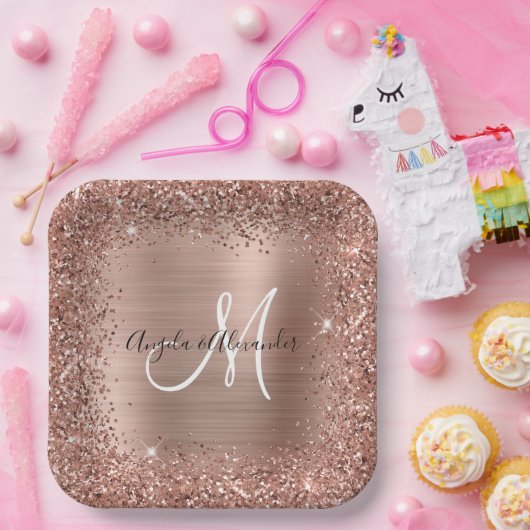 Rose Gold Glitzer and Foil Wedding Mit Monogramm Pappteller (Party)
