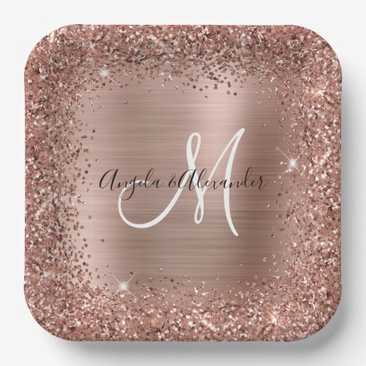 Rose Gold Glitzer and Foil Wedding Mit Monogramm Pappteller (Vorderseite)