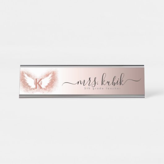 Rose Gold Glitzer Angel Wings Schreibtisch Namensp Schreibtischnamensplakette (Vorderseite )