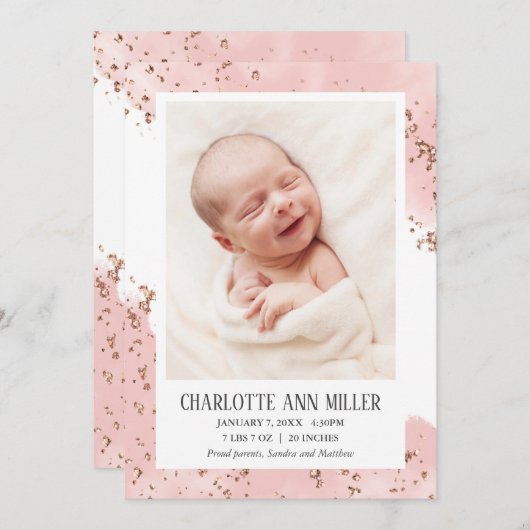Rose Gold Glitzer Baby Birth Announccard Ankündigung (Vorne/Hinten)