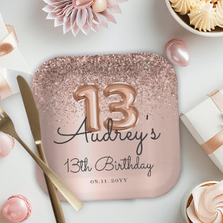 Rose Gold Glitzer Ballon 13. Geburtstagsmonogramm Pappteller