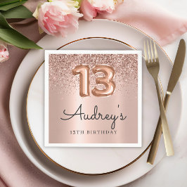 Rose Gold Glitzer Ballon 13. Geburtstagsmonogramm Serviette