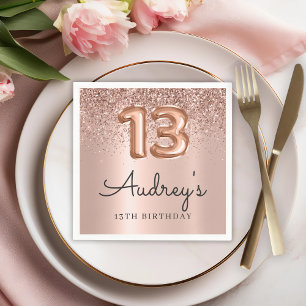 Rose Gold Glitzer Ballon 13. Geburtstagsmonogramm Serviette