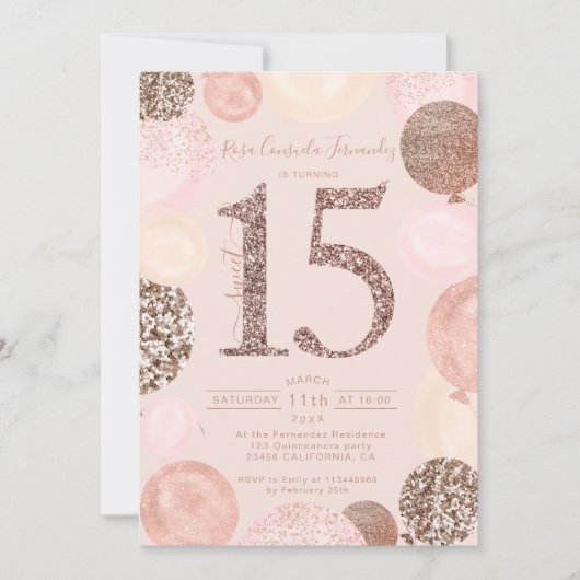 Rose Gold Glitzer Ballons rot Quinceanera Foto Einladung (Vorderseite)