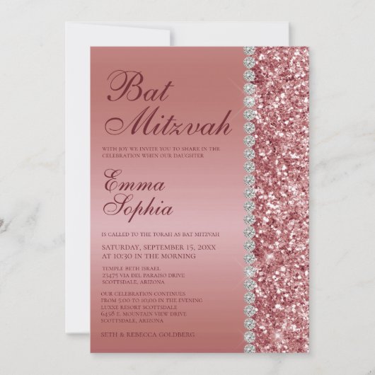 Rose Gold Glitzer Bat Mitzvah Einladung (Vorderseite)