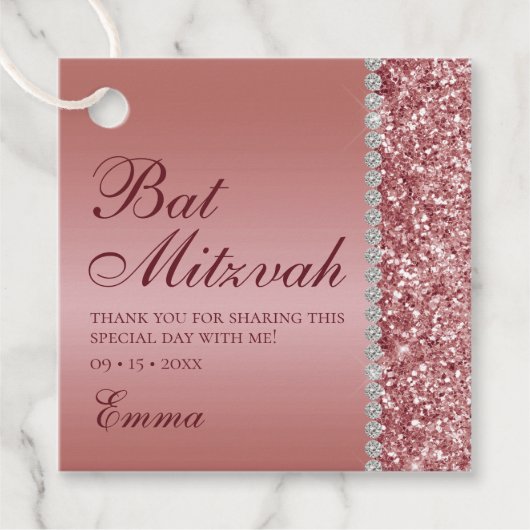Rose Gold Glitzer Bat Mitzvah Geschenkanhänger (Vorderseite)