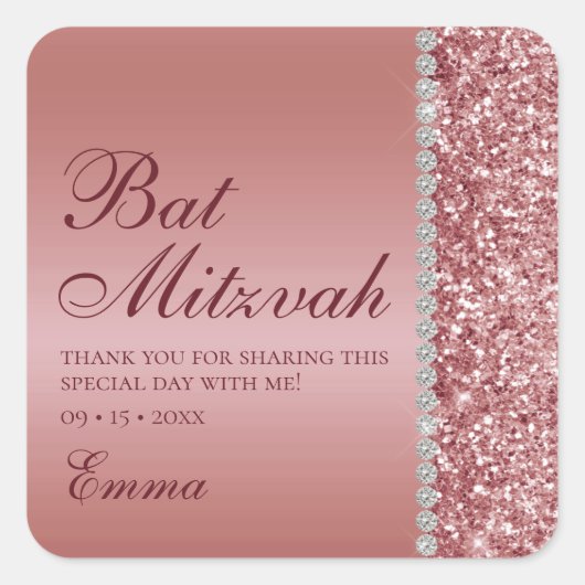 Rose Gold Glitzer Bat Mitzvah Quadratischer Aufkleber (Vorderseite)