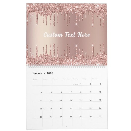 Rose Gold Glitzer Benutzerdefinierter Textkalender Kalender (Jan 2026)