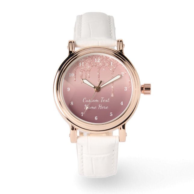 Rose Gold Glitzer Benutzerdefinierter Textname Übe Armbanduhr (Vorderseite)