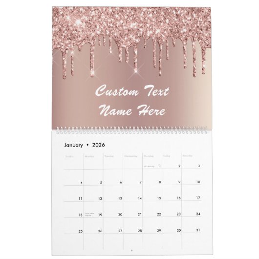 Rose Gold Glitzer Benutzerdefinierter Textnamenkal Kalender (Jan 2026)