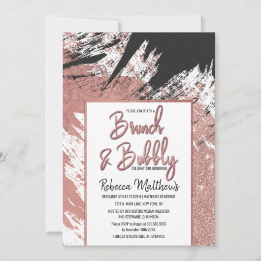 Rose Gold Glitzer Black Brushstroke Brunch Bubbly Einladung (Vorderseite)