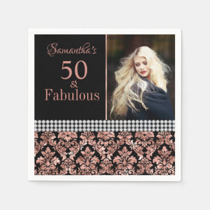 Rose Gold Glitzer Black Damask 50. Geburtstag Foto Serviette