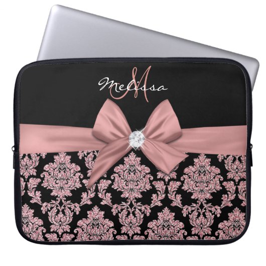 Rose Gold Glitzer Black Damask, Bow, Diamond Laptopschutzhülle (Vorderseite)
