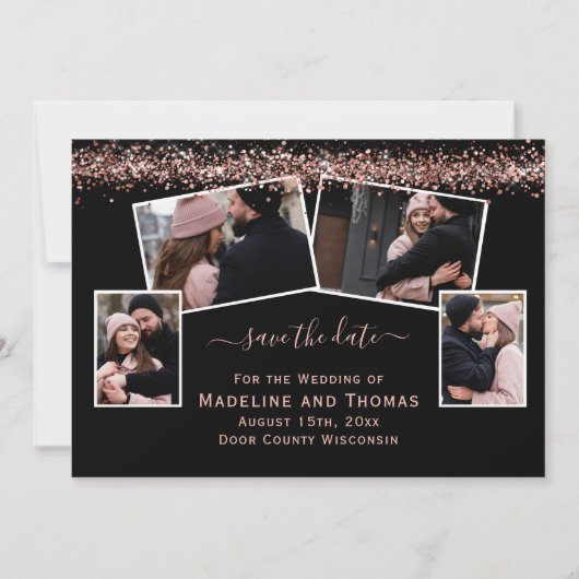 Rose Gold Glitzer Black Four Foto Save The Date (Vorderseite)