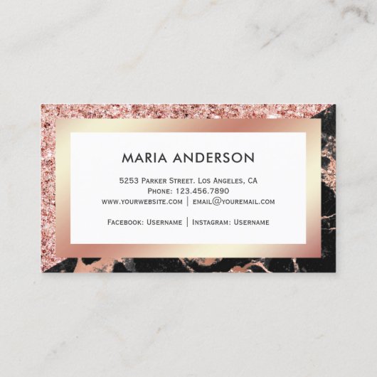 Rose Gold Glitzer Black Marble Makeup Artist Visitenkarte (Rückseite)