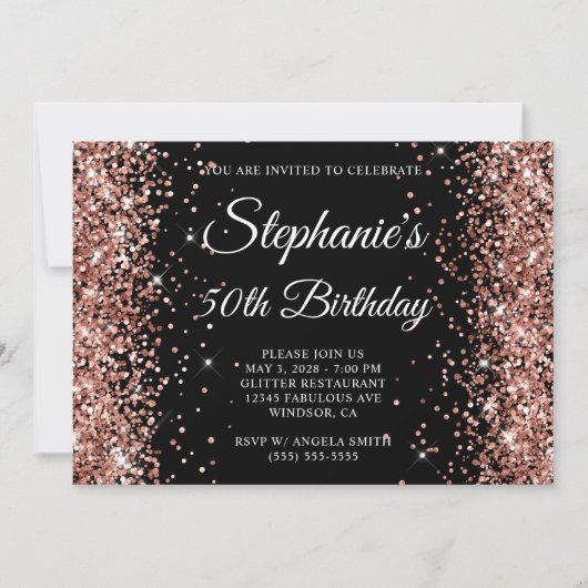 Rose Gold Glitzer Black Monogram 50. Geburtstag Einladung (Vorderseite)