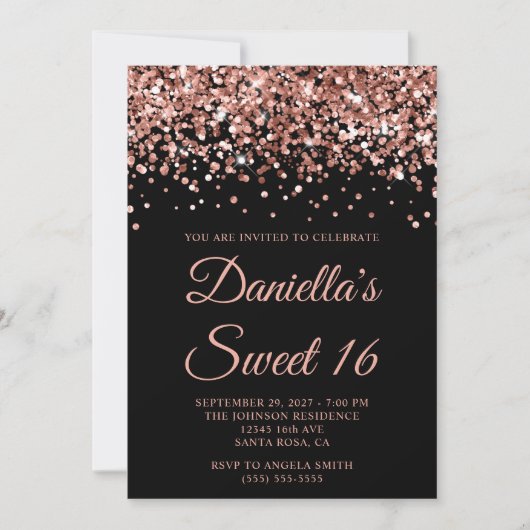 Rose Gold Glitzer Black Sweet 16 Einladung (Vorderseite)