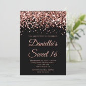 Rose Gold Glitzer Black Sweet 16 Einladung (Stehend Vorderseite)