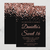 Rose Gold Glitzer Black Sweet 16 Einladung (Vorne/Hinten)