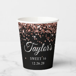 Rose Gold Glitzer Black Sweet 16 Pappbecher