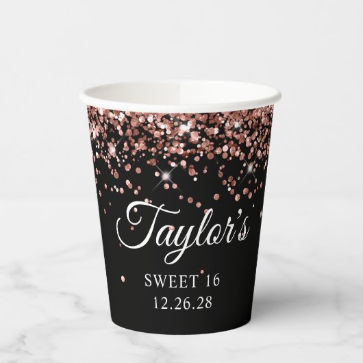 Rose Gold Glitzer Black Sweet 16 Pappbecher (Links)
