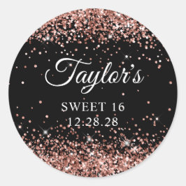 Rose Gold Glitzer Black Sweet 16 Runder Aufkleber