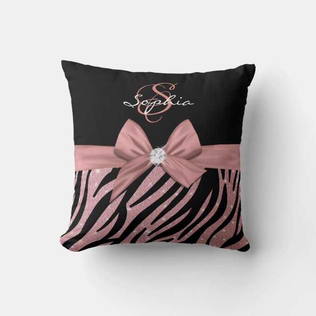 Rose Gold Glitzer Black Zebra Streifen Bow Monogra Kissen (Vorderseite)